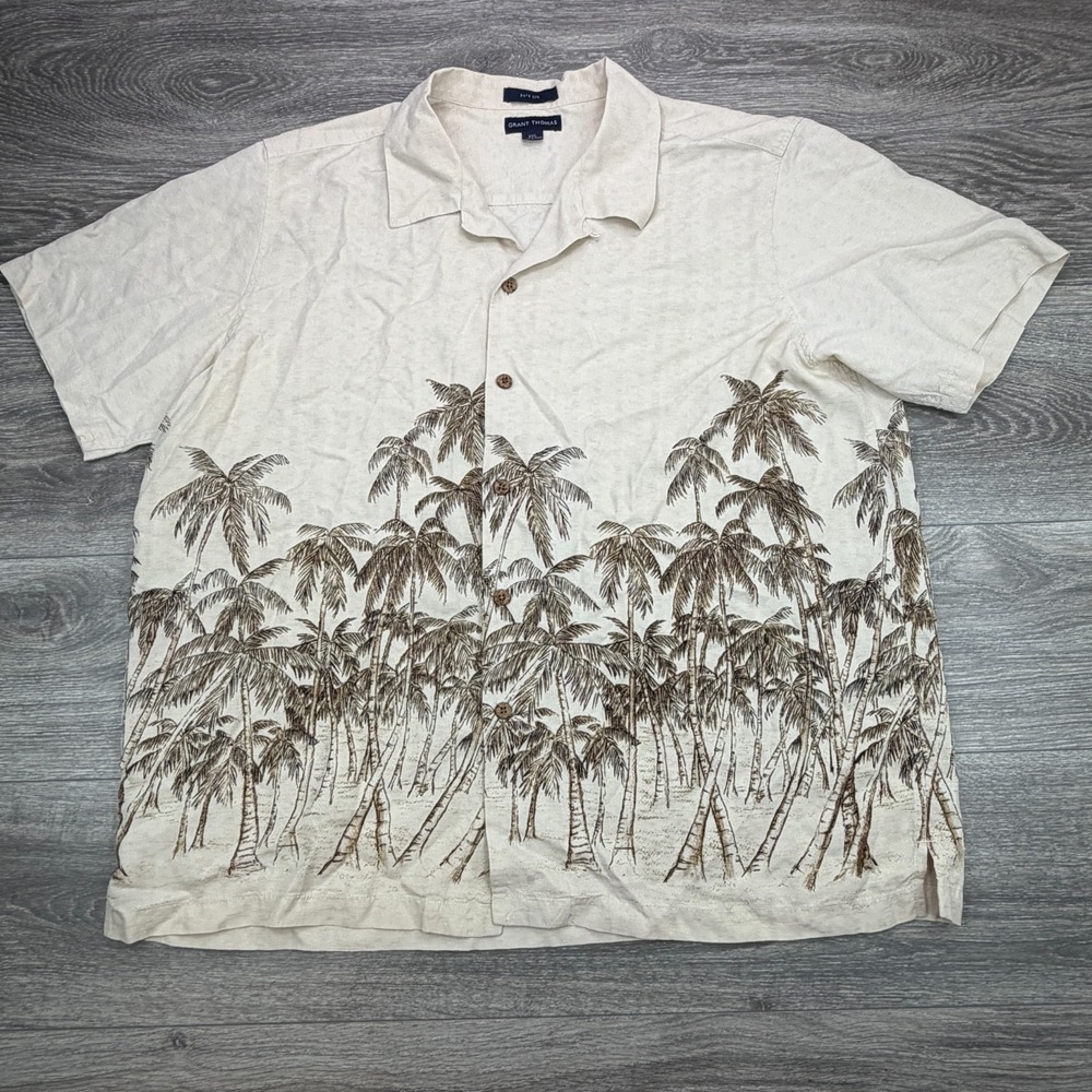 Grant Hill Camp Shirt Mens XXL Beige Pure Silk Hawaiian Palm Tree Beach Resort